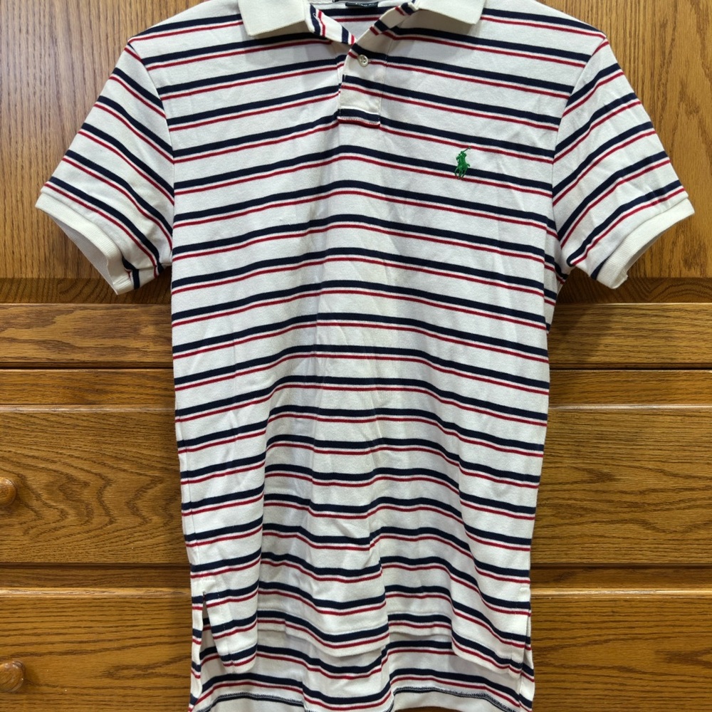 Ralph Lauren Polo Shirt Mens Small Custom Fit White With Blue And Red Stripes